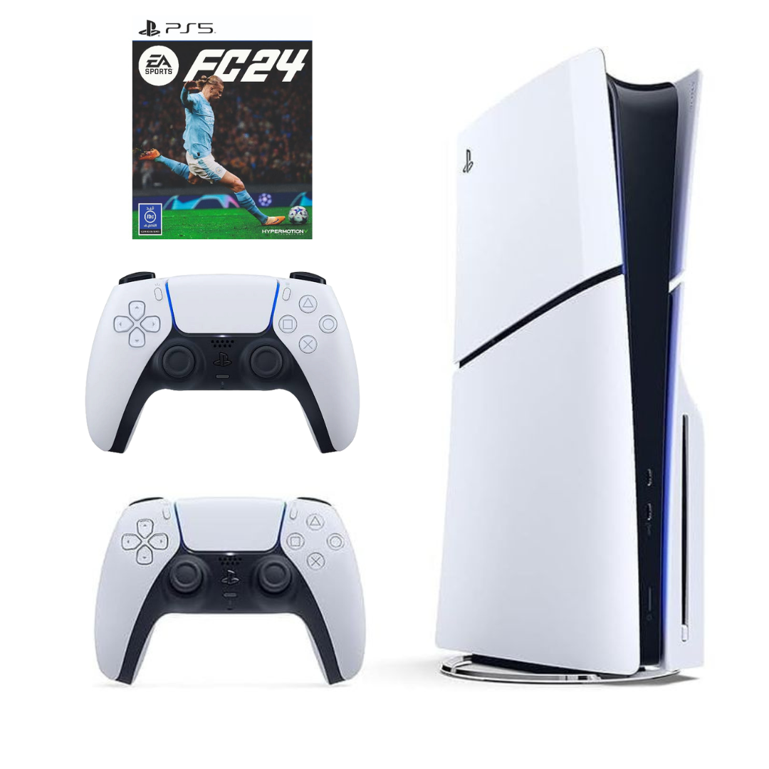 سوني بلايستيشن 5 سليم سي دي + يد تحكم إضافي + لعبة EA Sports FC ‎24 - ضمان الوكيل